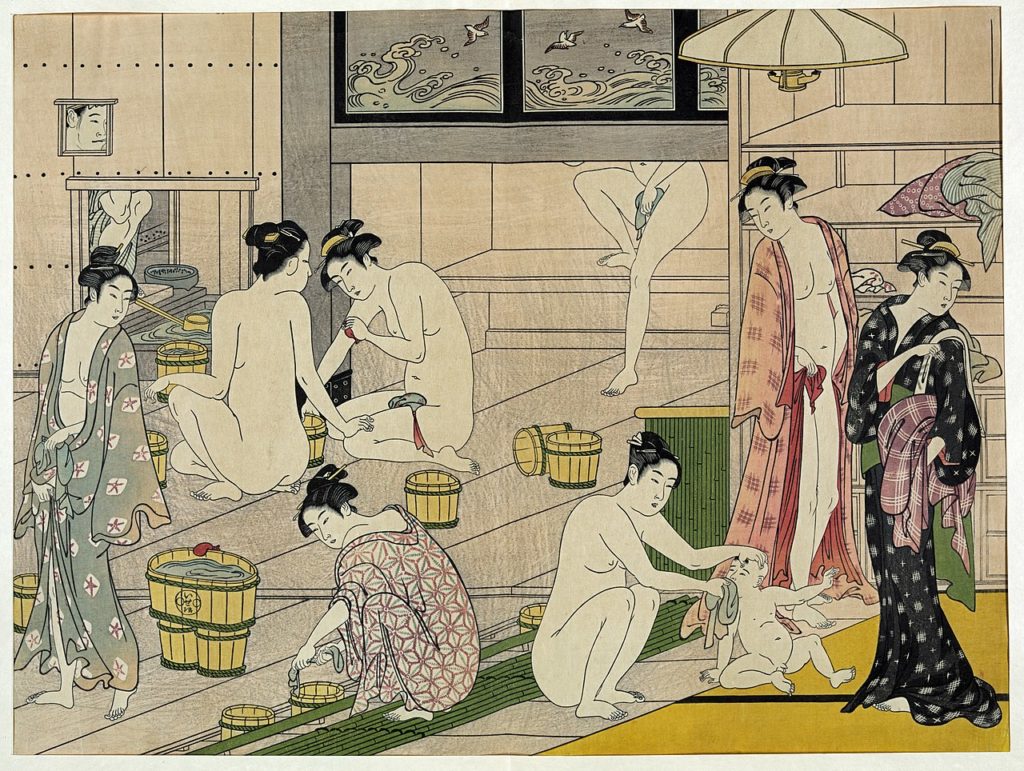 Estampa abuna-e género ukiyo-e Grupo de mujeres aseándose desnudas o casi desnudas y un niño
