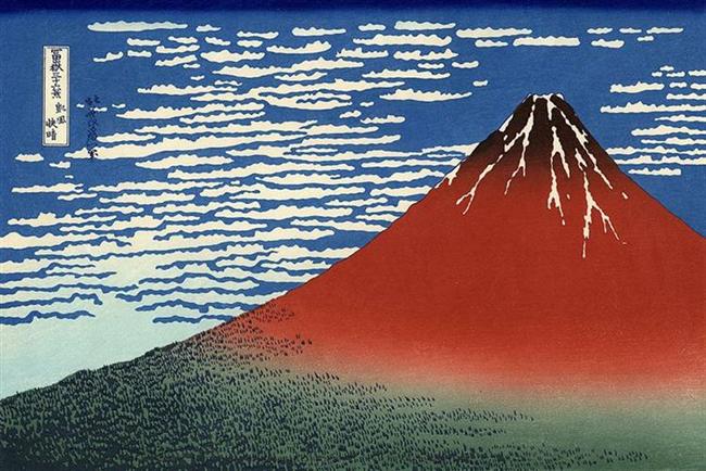 Estampa japonesa Monte Fuji rojo con el cielo brumoso