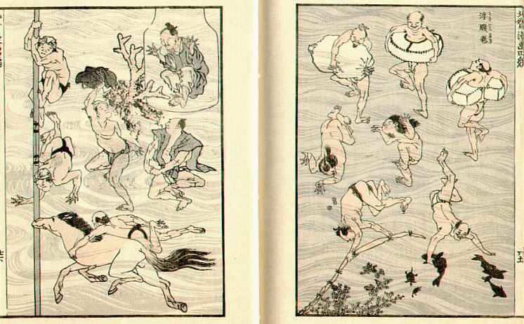 Ilustraciones de libro con dos escenas de gente bañándose