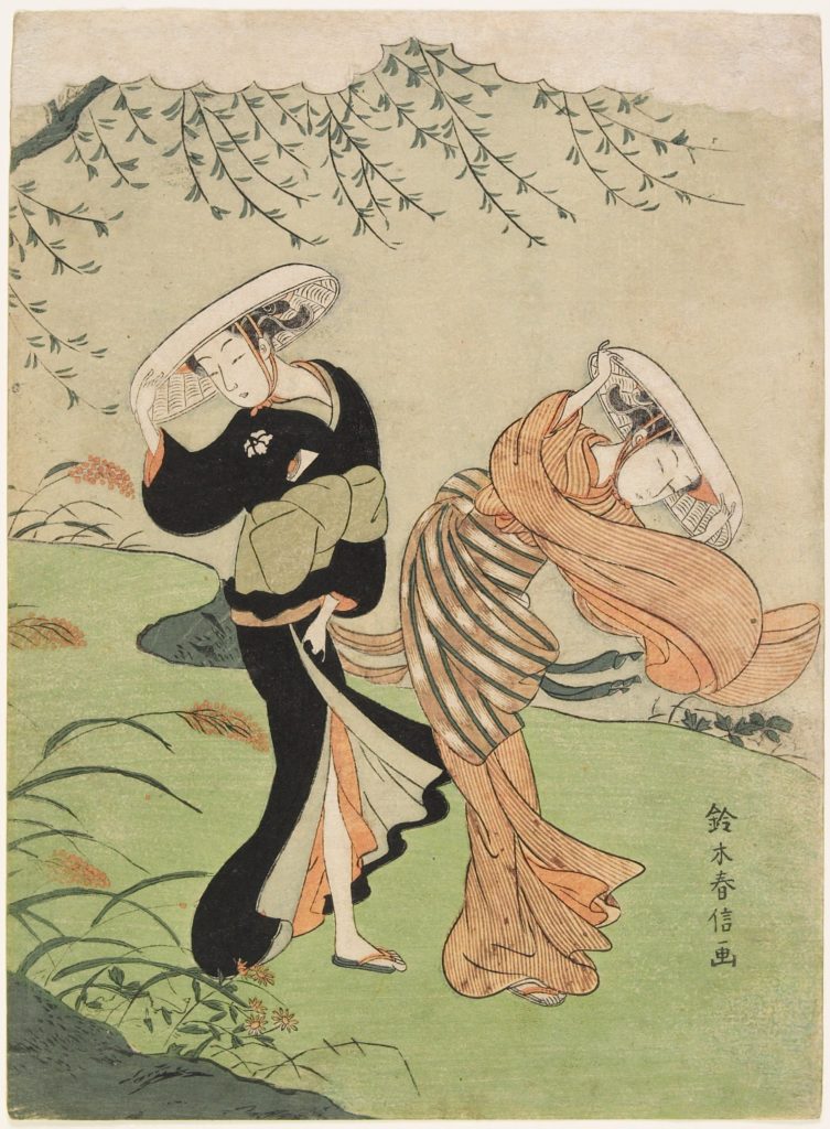  Género ukiyo-e Dos jóvenes en el campo azotadas por un viento primaveral