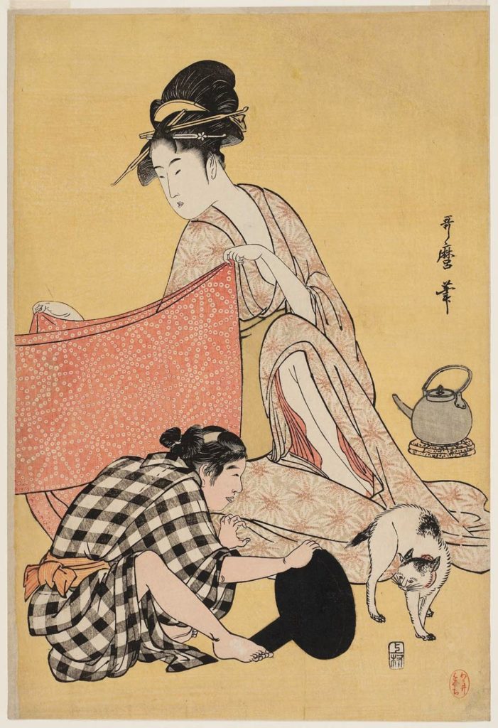 Estampa bijin-ga Dos mujeres doblando telas con actividades cotidianas y un gato