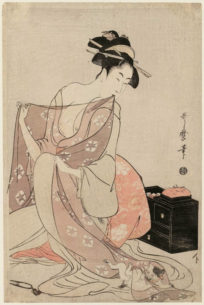 Grabado abuna-e género ukiyo-e, hermosa mujer con su gato que tira de sus ropajes.