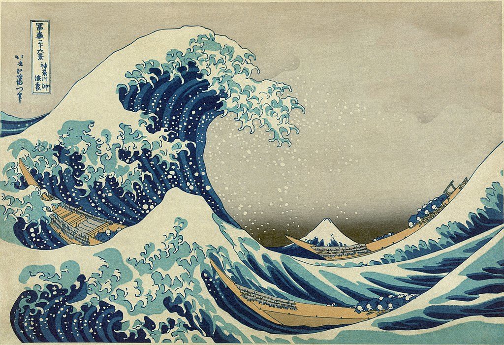 Grabado japonés de género ukiyo-e La gran ola con el monte Fuji al fondo