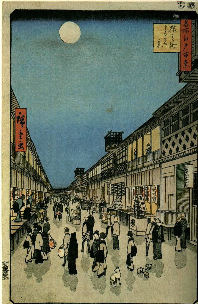 Género ukiyo-e Una noche en Edo con mucho trasiego de gente en la calle