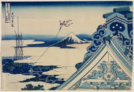 Vista del tejado de una casa japonesa con el monte Fuji al fondo y todo nevado de Hokusai.