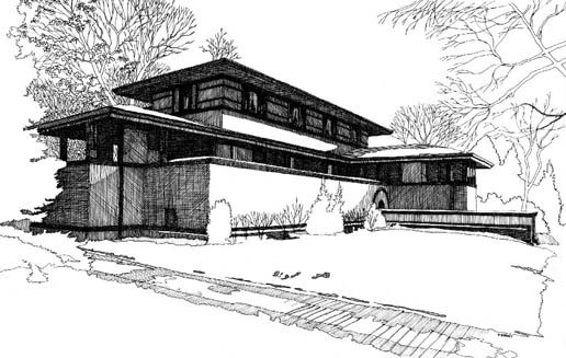 Dibujo del diseño de casa de pradera de arquitectura orgánica.