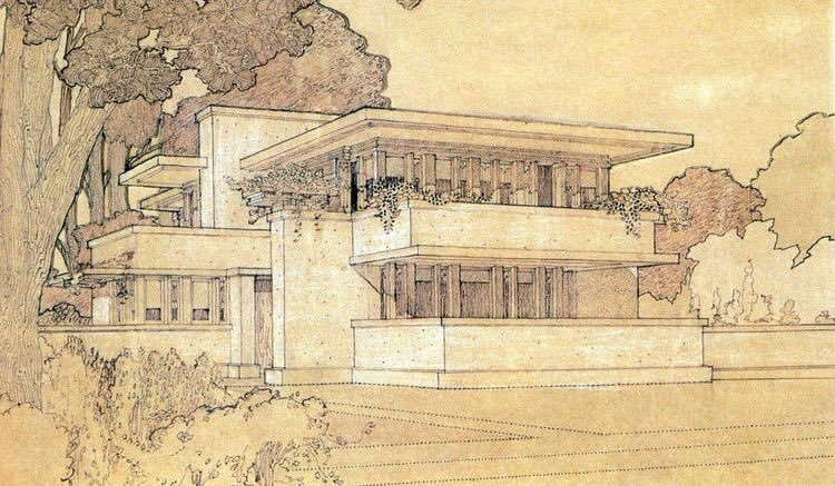 Dibujo de casa orgánica, estilo pradera de Wright.