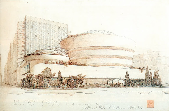 Dibujo de proyecto del museo Guggenheim de Nueva York, el último proyecto de arquitectura orgánica de Wright.