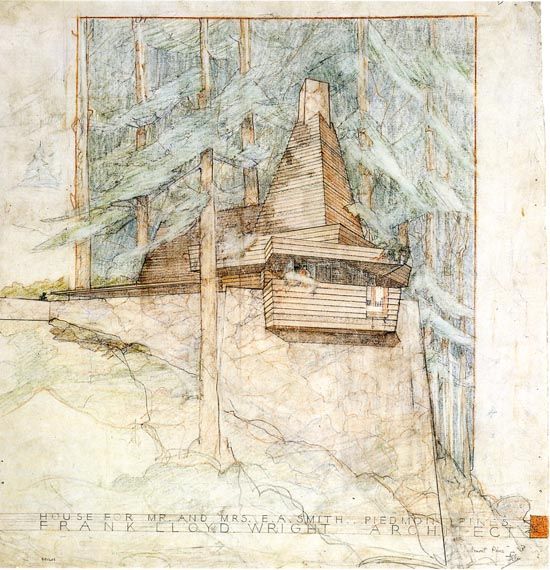 Casa Smith de bosque dibujada por Wright, arquitectura orgánica.