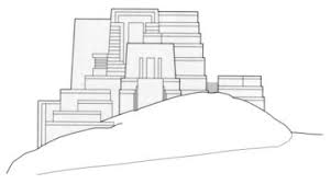 Dibujo del alzado de la casa Ennis, totalmente de inspiración maya, arquitectura orgánica.