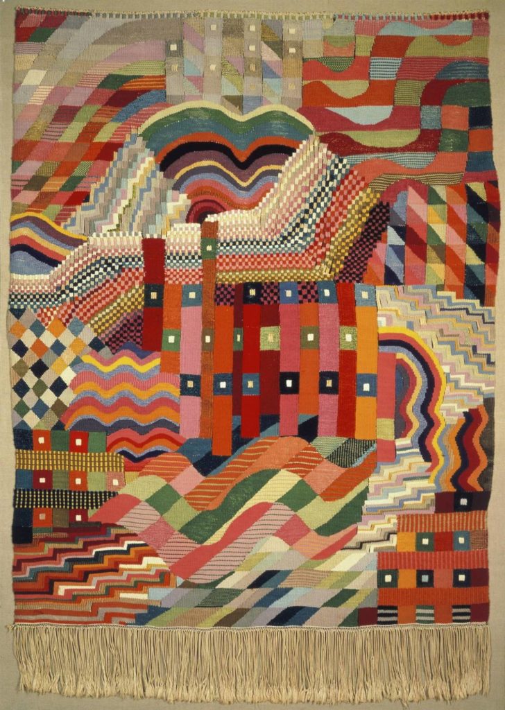 Tapiz de Gunta Stolzl, precioso colorido y representante de la mujer en la Bauhaus.