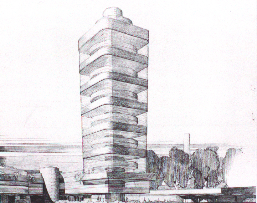 Dibujo de la torre Johnson parte del proyecto orgánico de Wright para el edificio Johnson Wax.